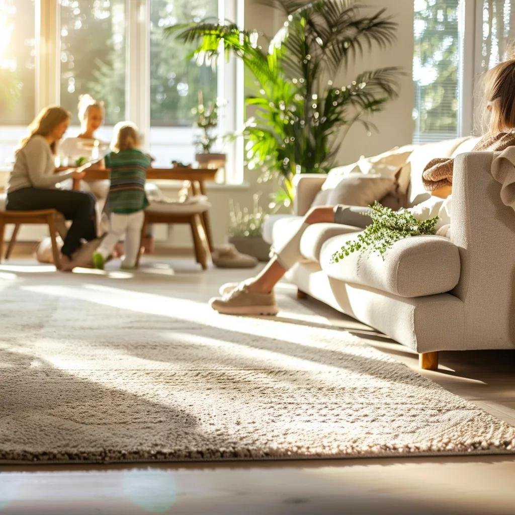Family enjoying a clean eco-friendly carpet in a bright living room