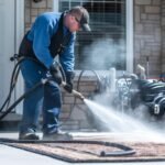 Professional using truck-mounted steam cleaning system for eco-friendly carpet cleaning