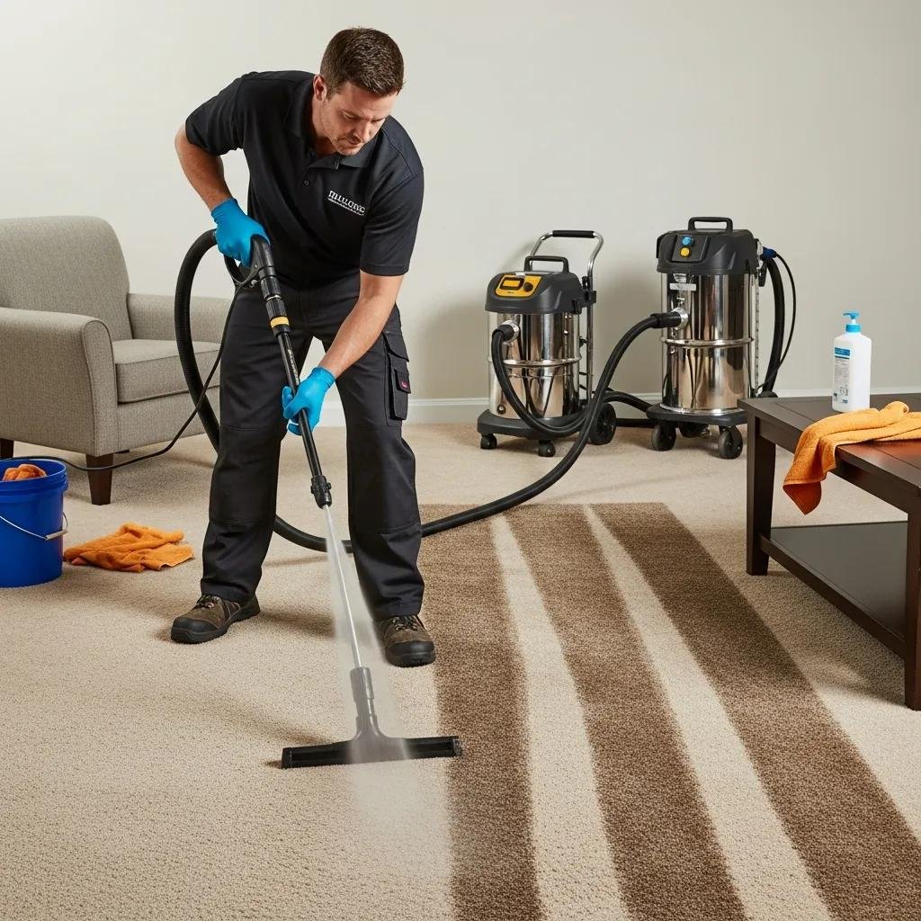 Technician performing hot water extraction on carpet during a professional cleaning