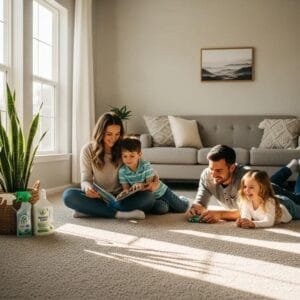 Freshly cleaned carpet in a bright living room, emphasizing eco-friendly cleaning practices