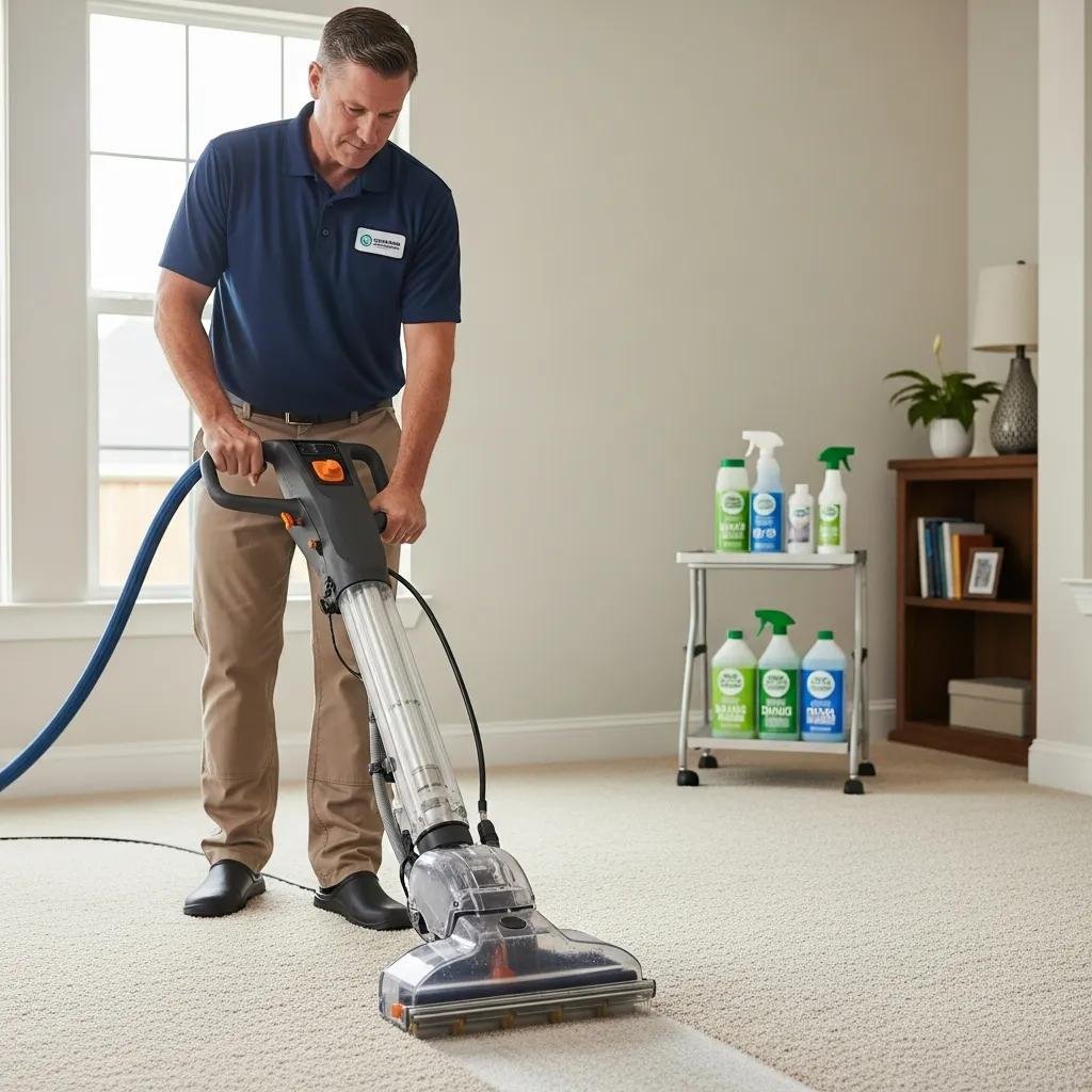 Experienced technician using professional equipment to clean carpet, emphasizing eco-friendly practice
