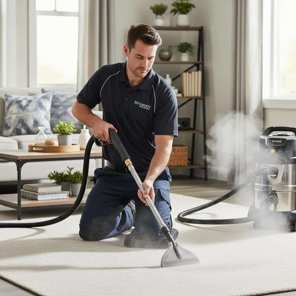 Professional carpet technician using steam cleaning equipment in a home