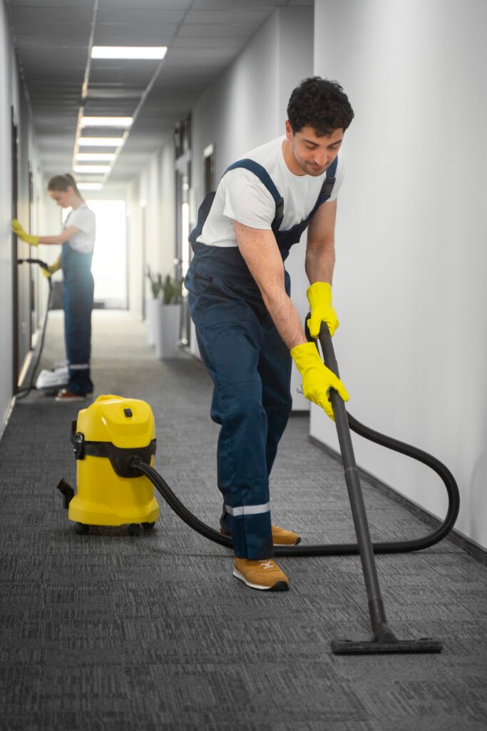 full shot people cleaning building